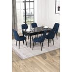 Baresmu Nice Siyah Mermer Desen 80X132 Açılabilir Mdf Masa Yemek Odası Takımı, Mutfak Takımı 6 Adet Sandalye - Lacivert