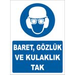 Baret Gözlük ve Kulaklık Tak İş Güvenliği Uyarı Levhası, 19x26 cm, Alüminyum Malzeme, Yapışkanlı, Mavi-Beyaz