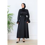 BARG FASHION Siyah Saten Kuşaklı Volan Kol Tesettür Maxi Elbise