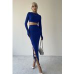 barış sülün lovebox Kadın Esnek Kumaş El Geçmeli Crop Bluz ve Yırtmacı Bağcıklı Midi Etek Saks Mavi İkili Takım 299