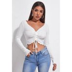 Barlass Kadın Beyaz Uzun Kollu Büzdürme Bağcık Detaylı Crop Top Bluz