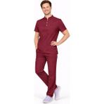 Başaran Uniforma Likralı Bordo Erkek Premium Scrubs Takım - Doktor/Hemşire Kıyafetleri