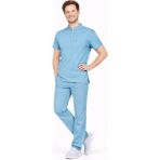 Başaran Uniforma Likralı Duman Mavisi Erkek Premium Scrubs Takım - Doktor/Hemşire Kıyafetleri - XS