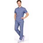 Başaran Uniforma Likralı Fırtına Mavisi Erkek Premium Scrubs Takım - Doktor/Hemşire Kıyafetleri - 2XL