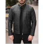 Baselco Erkek Slim Fit Siyah Suni Deri Ceket Dik Yaka Çift Cepli Günlük Stil - XL