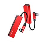 Baseus L53 2 in 1, Bilgisayar/Telefon Mini Hub Adaptörü, Kırmızı - Siyah, Giriş: USB Type C, Çıkış: USB Type C & AUX 3.5 mm Jack, Seyahat Boy, Type C Şarj & Kulaklık Dönüştürücü