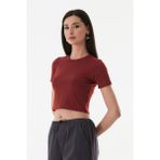 Basic Bisiklet Yaka Crop Tişört - Bordo - M