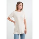 Basic Bisiklet Yaka Yanları Yırtmaçlı Likralı Salaş Tişört - Somon - 2XL