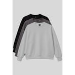 Basic Oversıze O Yaka 3lü Paket Siyah-Koyu Gri- Taş Kadın Sweatshirt - 97053