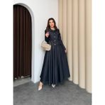 Basic Park Lacivert Kadın Premium Denim Görünümlü Dokuma Takım Kemerli Elbise ve Ceket Takım - S - M