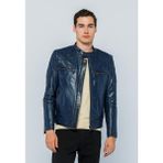 Basics&more Erkek Deri Ceket - Mavi - 2XL