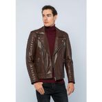 Basics&More Erkek Motorcu Hakiki Deri Ceket - 6735 Çay Rengi S