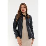 Basics&more Kadın Fermuar Detaylı Koyu Mavi Deri Ceket - B16 - Slim Fit