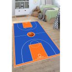 Basketbol Sahası Desenli Yıkanabilir Kaymaz Taban Çocuk Oyun Halısı 100 X 200 Cm Mavi