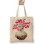 Baskı Dükkanı Girls Just Wanna Have Fun Bez Uzun Saplı Krem Rengi Çanta