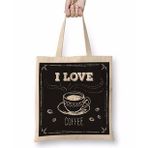 Baskı Dükkanı I Love Coffe Siyah Zemin Bez Kadın Günlük Çanta