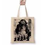 Baskı Dükkanı Monkey Chess Maymun Santranç Bez Uzun Saplı Krem Rengi Çanta