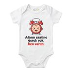 Baskılı Bebek Zıbını, Alarm Saatine Gerek Yok Ben Varım Baskılı, Beyaz, Kısa Kollu (Yeni doğan)