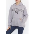 Baskılı Kapşonlu Sweat Füme