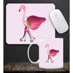 Baskılı Kupa & Pembe Çilekli Flamingo Motifli Mouse Pad 23x19cm Fare Altlığı Kaydırmaz Taban De586 O