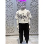 Baskılı Tişört Lv Paçaları Lastikli Pantolon ve Çanta 3'lü Alt Üst Takım Unisex Kız ve Erkek Çocuk - Siyah - 4 Yaş