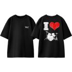 Bateri Drum Müzik 3 Tasarım Sırt Baskılı Pamuk Siyah Oversize T-Shirt - XL
