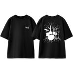 Bateri Drum Müzik 4 Tasarım Sırt Baskılı Pamuk Siyah Oversize T-Shirt