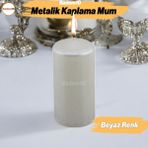 Baton Mum Metalik Kaplama Beyaz Silindir Dekoratif Mumu Kandil Mumlar Şamdan Kokusuz 8 cm - Antik Beyaz - 1 Adet