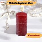 Baton Mum Metalik Kaplama Kırmızı Silindir Dekoratif Mumu Kandil Mumlar Şamdan Kokusuz 8 cm - Ateş Kırmızısı - 1 Adet