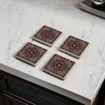 Baum Atelier Etnik Kilim Desen Tile, Çini Desen Doğal Taş Traverten Bardak Altlığı 4 Lü Set
