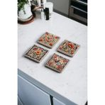 Baum Atelier Kırmızı Floral Tile Desen Temalı Doğal Taş Traverten Bardak Altlığı 4 Lü Set