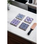 Baum Atelier Mavi Çini Desenli, Çini Sanatı Doğal Taş Traverten Bardak Altlığı 4 Lü Set