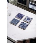 Baum Atelier Mavi Tile Desen Doğal Taş Traverten Bardak Altlığı 4 Lü Set