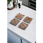 Baumatelier Kırmızı Floral Tile Desen Temalı Doğal Taş Traverten Bardak Altlığı 4 Lü Set