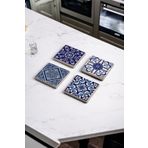 Baumatelier Mavi Tile Desen Doğal Taş Traverten Bardak Altlığı 4 Lü Set