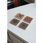 Baumatelier Vintage Desen Tile, Etnik Tile Desen Doğal Taş Traverten Bardak Altlığı 4 Lü Set