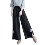 Bayan 9/8 Pantolon Yaz İşlemeli Çiçek Geniş Bol Rahat Keten Pantolon, Siyah, L