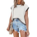 Bayan kap kollu kazak yelek yaz üstleri kolsuz Tank Tops 2024 moda bahar giysileri çizgili kısa kollu gömlek, Çizgi Beyaz, XL