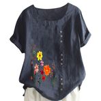 Bayan keten gömlek, beyaz, kısa kollu, yazlık bluz, yuvarlak yaka, düğmeli, tunik kıyafet, Mavi, 4XL