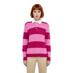 Bayan Yumuşak Dokulu Polo Yaka Çizgili Oversize Triko Kazak Düşük Kol Detaylı Kışlık Casual Şıklık -Pembe-S