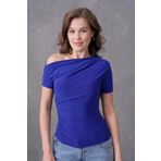 bayansepeti Esnek Sandy Kumaş Drape Tasarım Kısa Kollu Basic Saks Mavi Bluz 13433