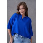 bayansepeti Kadın Saks Mavi Polo Yaka Yarım Kollu Oversize Yazlık Crop Triko Bluz 002