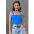 bayansepeti Saks Mavi Esnek Kaşkorse Kumaş Straplez Yaka Askılı Basic Crop Bluz 8802