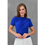 bayansepeti Saks Mavi Esnek Kumaş Büzgü Detay Kısa Kollu Basic Bluz 12244