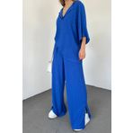 bayansepeti Saks Mavi Gofre Kumaş Yarasa Kol Tasarım V Yaka Bluz Ve Pantolon Oversize Ikili Takım