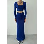 bayansepeti Saks Mavi Sandy Kumaş U Yaka Crop Bluz Yüksek Bel Büzgülü Tasarım Maxi Etek İkili Takım 312