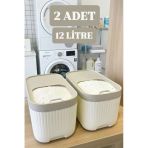 Bayev 2 Adet Apex Krem 12 Litre Kayar Kapaklı Deterjan Kabı-Ölçekli Tekerlekli Erzak Bakliyat Saklama Kutu