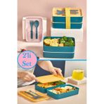 Bayev 2 Katlı Çatal Kaşıklı Beslenme Kabı 1003 Bölmeli Yemek Kabı Saklama Kutusu Lunch Box - Yeşil