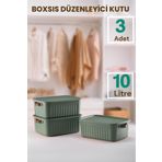 Bayev Boxsıs Yeşil 3 Adet 10 Lt Düzenleyici Kapaklı Kutu Storage Dekoratif Dolap Içi Organizer saklama