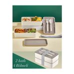 Bayev Lunch Box 2 Katlı Krem Çatal Kaşıklı Saklama Kabı 1003 Beslenme Kutusu Bölmeli Yemek Kutusu